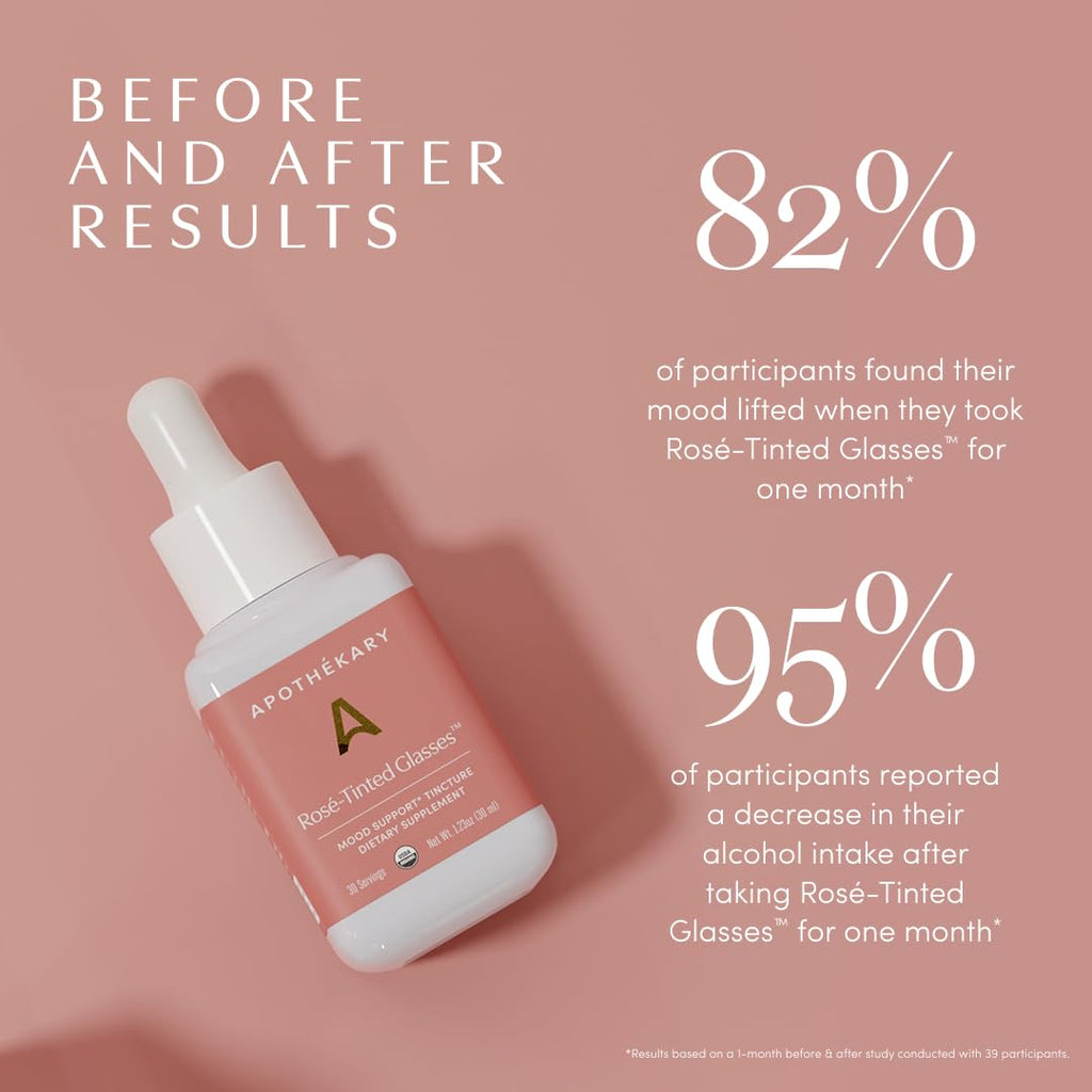 Apothékary Rosé-Tinted Glasses, Supports a Balanced Mood & Focus, Alcohol-Free, Wine-Inspired Herbal Liquid Drops with Schisandra Berry & Lion's Mane Mushroom, Certified Organic, 4 fl oz, 100 Servings