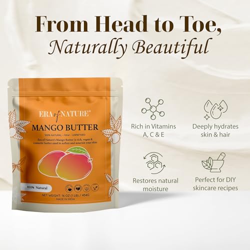 era of nature Organic Unrefined Raw Mango Body Butter Block 16oz - Moisturizing Mango Seed Raw Butter Bar for Skin & Hair, DIY Lip Balm Base, Cream, Soap & Lotion Making Supplies, Personal Skincare