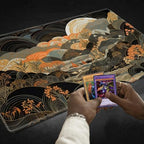 TCG Playmat Board Game Mat Plus 50 Pcs Card Sleeves, 24 x 14 Table Mats Game Mousepad with Soft Surface Non-Slip Base for MTG RPG CCG Trading Card Game Playmats, Japanese Abstract Art