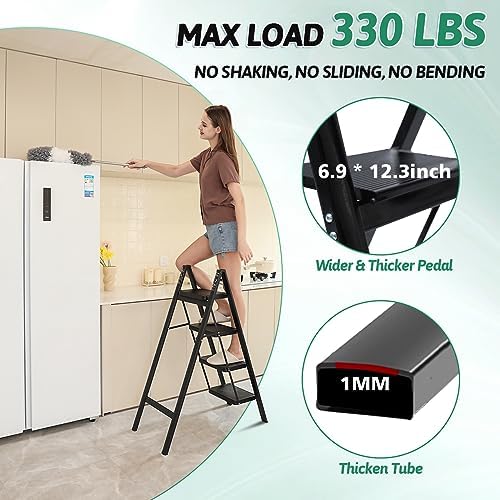 4 Step Ladder Folding Step Stool, Heavy Duty 330 Lbs Load Step Ladders for Home, Tall Kitchen/Closet Stepladder for Adults, Black Small & Lightweight Ladder with Anti-Slip Wide Pedals by OOSOFITT