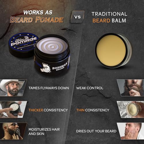 Bossman Hair & Beard Pomade - All Day Hold, Control and Moisturizing Hair, Beard and Moustache Styling Product - Natural Strong Hold Pomade - Made in USA (Royal Oud Scent)