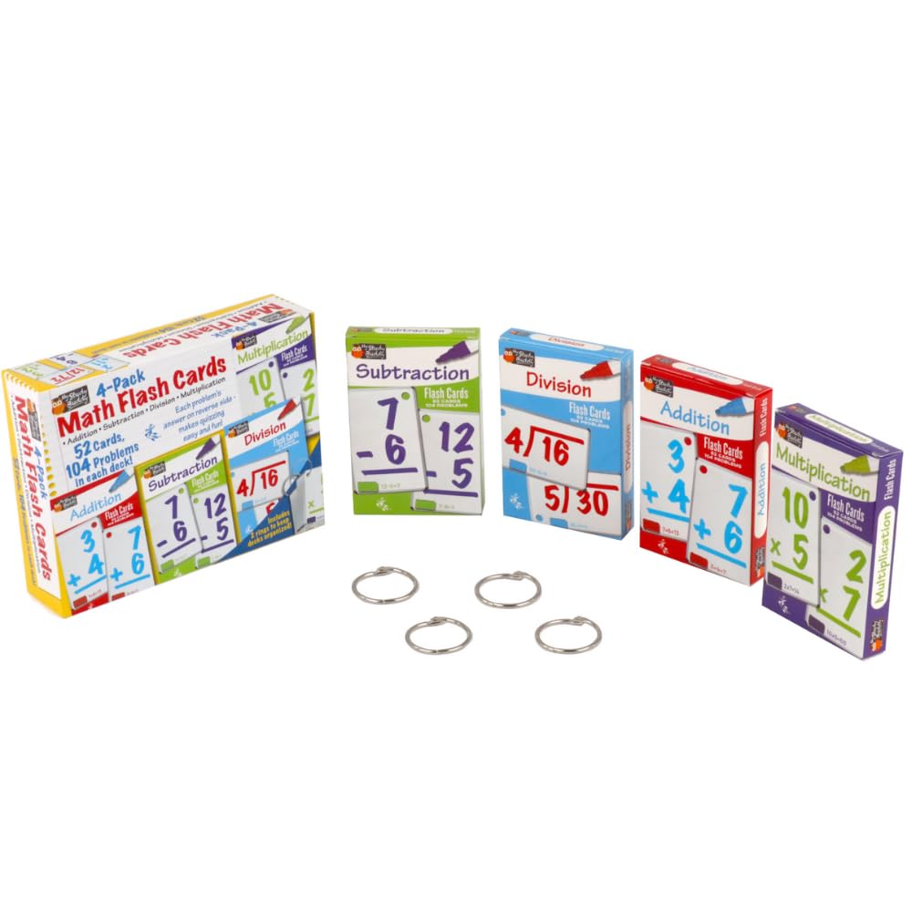 Regal Games Math Flash Cards for Multiplication, Division, Addition and Subtraction - 1st, 2nd, 3rd Grade Math & More - Flash Cards w/ 4 Binder Rings for Kids (208 Cards - 4 Packs)
