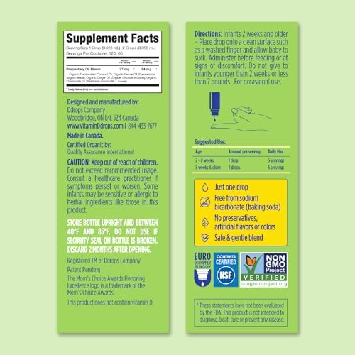 Ddrops Baby Tummy Relief Liquid Drops, Organic Gripe Water for Newborns, Relief from Gas, Colic, Fussiness and Hiccups, Just One Drop, Herbal Ingredients, 120 Drops