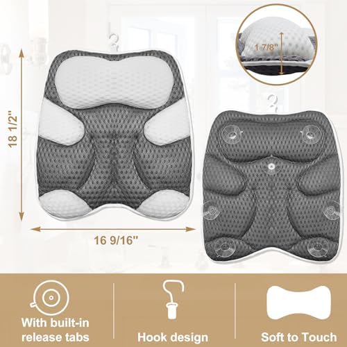 Ergonomic Cat Shape Bath Pillow for Head and Neck, SPA Gift for Women, Machine Washable Bathtub Pillow 4D Air-Mesh with 7 Suction Cups Gray