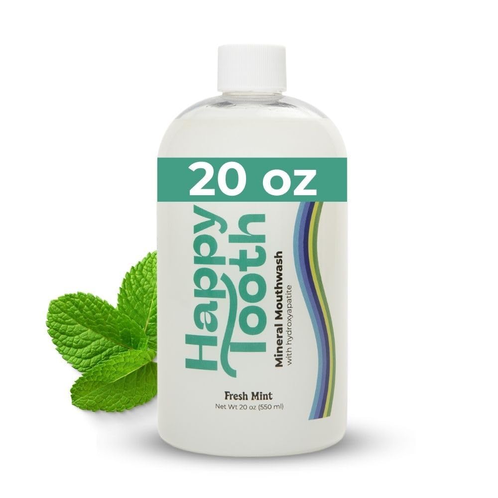 Happy Tooth Hydroxyapatite Mouthwash, Alcohol Free, Fluoride Free, Teeth Whitening, Remineralizing for Enamel Strength, Oral Microbiome Support, Dentist Formulated, Gentle Care, Fresh Mint, 20 Fl Oz
