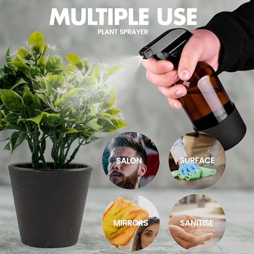 16oz Empty Glass Spray Bottle with Silicone Sleeve Protection - Refillable Containers for Cleaning Solutions, Essential Oils, Misting Plants - Including 3 Sprayers (Amber, 2 PACK)