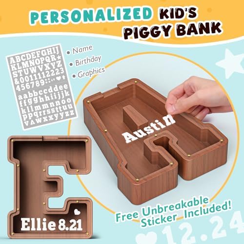 Summidate Wooden Letter Piggy Bank, Extra Thick Large Capacity Piggy Bank for Kids Boys Girls Toddler, Alphabet E Money Bank| Coin Box Birthday, Christmas, Festival