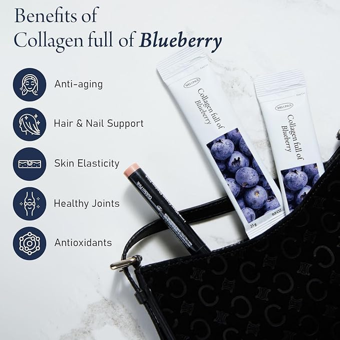 Korean Collagen Jelly Sticks - 25 Blueberry Flavored Marine Collagen Peptide Snacks for Anti-Aging- Collagen Protein Sugar-Free, Travel Packs for Hair & Nail Strength