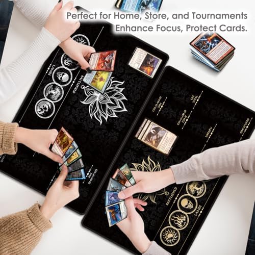 MTG Playmat with Play Zones – Magic Play mat Card Game Mat for Magic The Gathering, Lotus & Basic Lands Design, 24x14 inch, Stitched Edge, Non-Slip Base with Prismatic Playmat Tube-White Zone