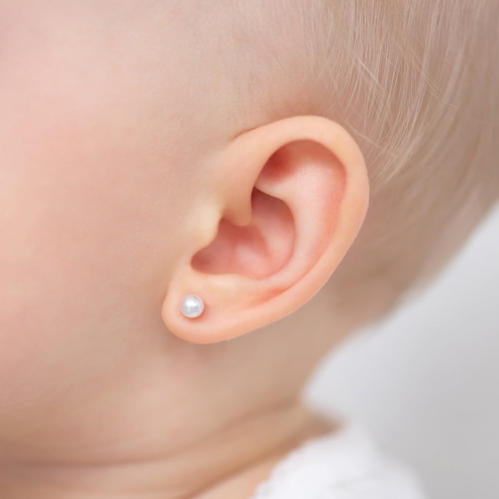 In Season Jewelry Simulated Pearl Kids Earrings – 925 Sterling Silver Hypoallergenic Earrings for Girls with Safety Screw Backs – Safe & Comfortable for Toddlers, Kids & Little Girls, 4mm