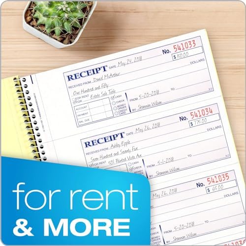 Adams Money and Rent Receipt Book, 2-Part Carbonless, 7-5/8" x 11", Spiral Bound, 200 Sets per Book, 4 Receipts per Page (SC1182), White/Canary