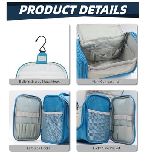 Buruis Large Capacity Toiletry Bag for Women and Men, Hanging Toiletry Organizer Cosmetics Makeup Bag, Water-resistant Dopp kit Shaving Bag for Full Sized Toiletries, Travel Essentials (Light Blue)
