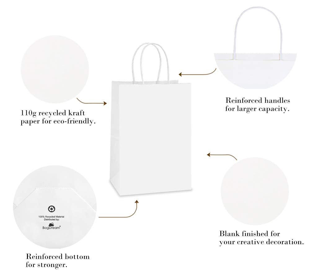BagDream Gift Bags with Handles 5.25x3x8 Inch Small White 100 Pack Bulk