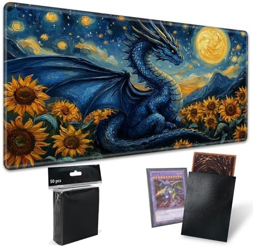 Playmats for Magic: The Gathering MTG Card Game Mat Plus 50 Pcs Card Sleeves, 24 x 14 inch TCG Mat with Stitched Edge for Commander Deck Duskmourn Board Game, Blue Dragon Sunflowers Sky