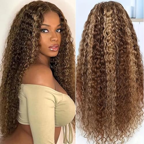 5x5 HD Lace Closure Wigs Human Hair Highlight Ombre 5x5 Deep Wave Closure Wig 180% Density P4/27 Wet And Wavy Lace Front Wigs for Black Women Glueless Honey Blonde Deep Curly Wig Human Hair 22 Inch
