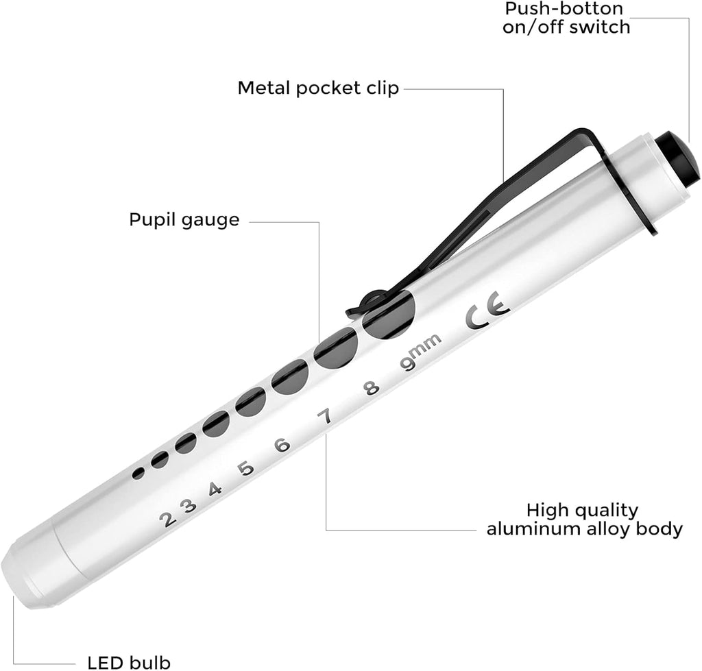 RISEMART Pen Lights for Nurses, 2 Pack Reusable Medical Light with Pupil Gauge and Ruler, White Light LED Penlight for Student Doctors EMT (Black/White)