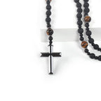 Rosary Necklace for Men, Black Catholic Rosary, Lava Rock Tiger Eye Beads Cross Necklace, Rosarios Catolicos Para Hombre (B)