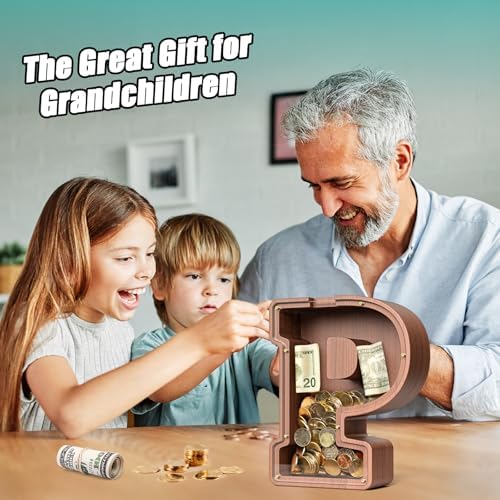 Summidate Wooden Letter Piggy Bank, Extra Thick Large Capacity Piggy Bank for Kids Boys Girls Toddler, Alphabet P Money Bank| Coin Box Birthday, Christmas, Festival