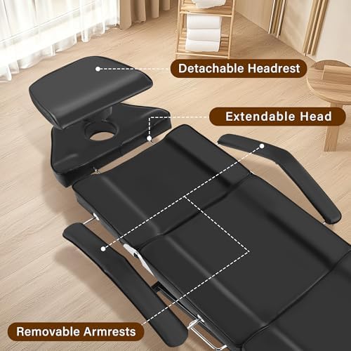 Facial Tattoo Chair, Hydraulic Esthetician Bed with Rolling Stool, Extended Head Spa Tattoo Artist Massage Table 360° Swivel Salon Beauty Spa Equipment w/Removable Armrests, Black