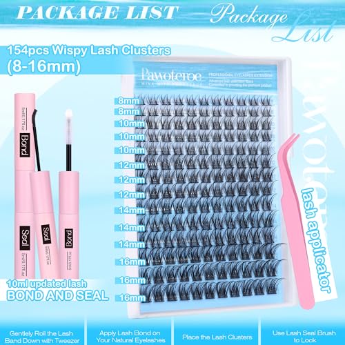 Pawotence Lash Clusters Kit Wispy Lash Extension Kit 8-16mm Natural Cluster Eyelash Extension Kit Individual Lashes 154pcs C Curled Eyelash Clusters with Lash Bond and Seal, Lash Tweezers for Self Use