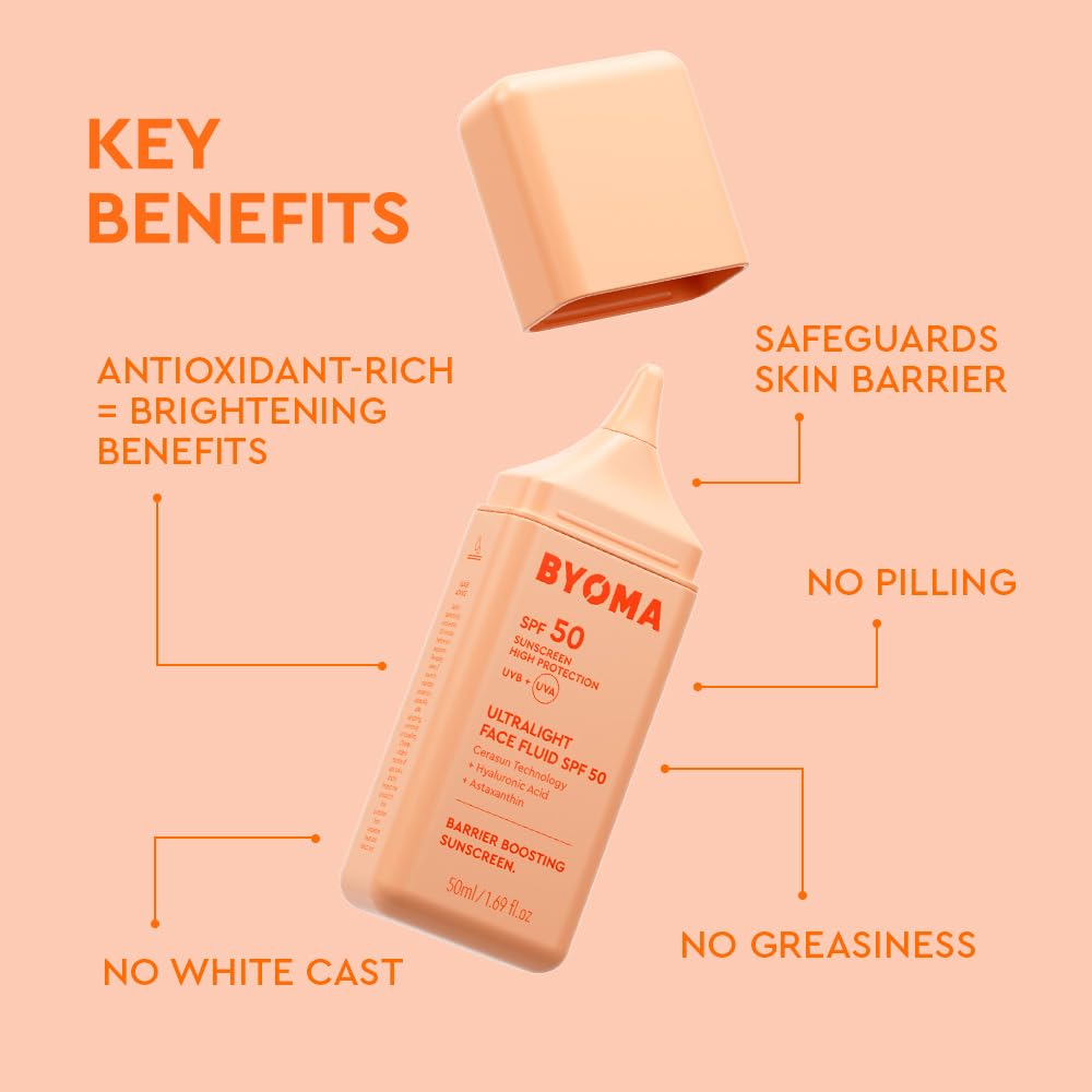 BYOMA SPF 50 Face Fluid - Ultra-Lightweight Facial Sunscreen for All Skin Tones - Luminous Glow, No White Cast - SPF Moisturizer Strengthens Skin Barrier - 1.69 fl.oz