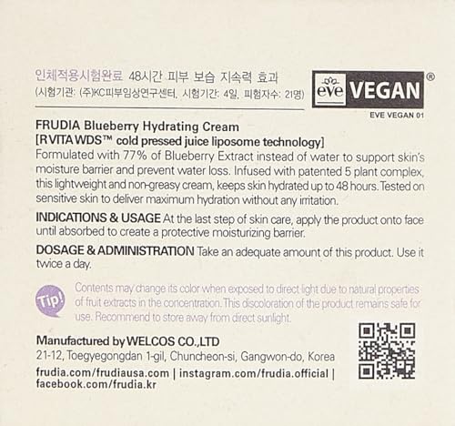FRUDIA Blueberry Hydrating Face Cream, Vegan Korean Face Moisturizer w/77% Blueberry Extract, Panthenol & Fruit Seed Oils for Dry Skin (1.94 fl oz)