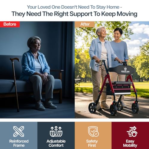 Walkers for Seniors with Seat Foldable Rollator Walker with 8" Wheels, Adjustable Handle Height, Comfortable Seat, 350 lb Capacity, Lightweight Rolling Walker with Storage Pouch - Red