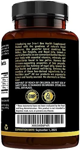 3-in-1 Bee Pollen Organic 840mg (180 Caps) W/ 840mg Bee Propolis Capsule & 840mg Royal Jelly Capsule - 3rd Party Tested - Bee Pollen Supplement - Organic Bee Pollen Capsule -No Fillers
