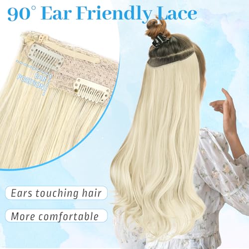 KooKaStyle Invisible Wire Hair Extensions Long Wavy Layered Synthetic Hair Extensions with Transparent Wire Adjustable Size 6 Secure Clips Platinum Blonde Hairpieces for Women 20 Inch