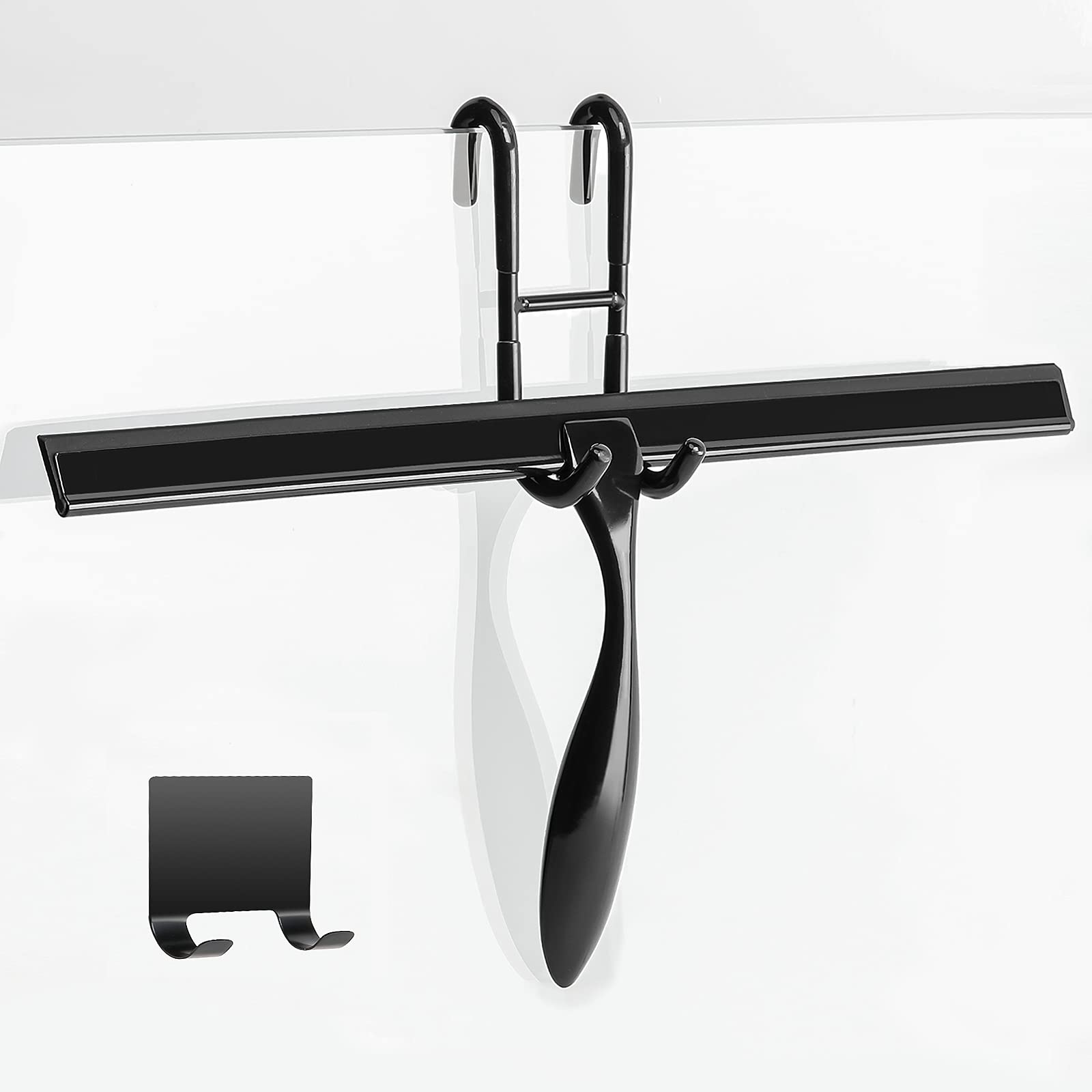 Simtive 14-Inch Shower Squeegee Set, Includes Shower Door Hook and Adhesive Hook, Squeegee for Shower Doors, Mirror and Window, Black