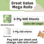 MOTHER EARTH Bamboo Toilet Paper - Ultra Soft & Strong 3-Ply Bath Tissue, 400 Sheets Per Roll, Hypoallergenic & Septic Safe, Mega Rolls, Pack of 12 Rolls