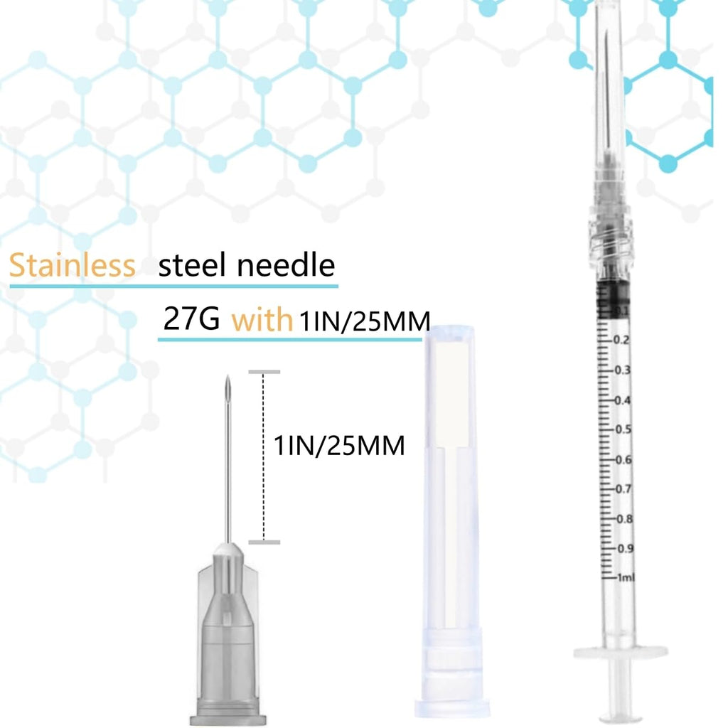 50 Pack Luer Lock 1ml 27Ga - 1 Inch Sample Measuring Syringe Lab Supplies, Individually Sealed Wrapped