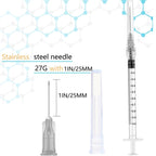 50 Pack Luer Lock 1ml 27Ga - 1 Inch Sample Measuring Syringe Lab Supplies, Individually Sealed Wrapped