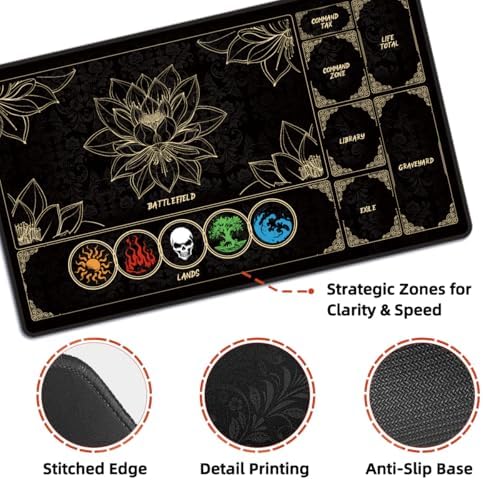 MTG Playmat with Play Zones – Magic Play mat Card Game Mat for Magic The Gathering, Lotus & Basic Lands Design, 24x14 inch, Stitched Edge, Non-Slip Base with Prismatic Playmat Tube-Colorful Lands