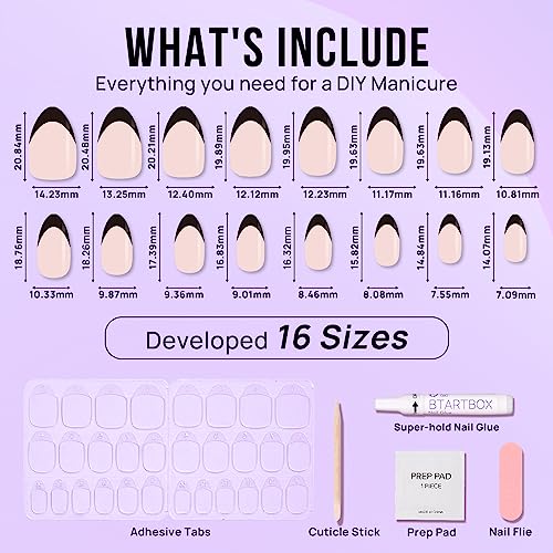 BTArtbox French Tip Press On Nails Almond - Black Press on Nails Short, Glue On Nails for Women Gift, Supremely Fit Natural Reusable Stick On Nails in 16 Sizes - 30 Fake Nails Kit, Black French
