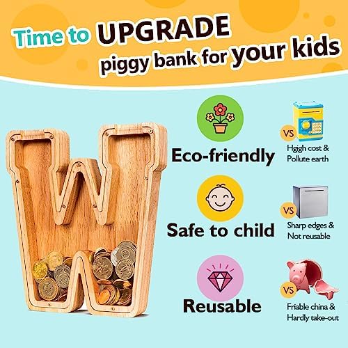 SummiDate Wooden Letter Piggy Bank| Piggy Bank for Boys Girls Toddler| Alphabet W Money Bank| Coin Bank Birthday Gift for Kids|Birthday Gift for Kids (W)