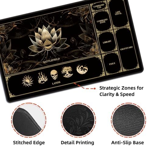 MTG Playmat with Play Zones – Magic Play mat Card Game Mat for Magic The Gathering, Lotus & Basic Lands Design, 24x14 inch, Stitched Edge, Non-Slip Base with Prismatic Playmat Tube-Gold Lotus