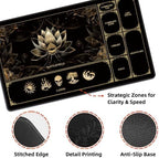 MTG Playmat with Play Zones – Magic Play mat Card Game Mat for Magic The Gathering, Lotus & Basic Lands Design, 24x14 inch, Stitched Edge, Non-Slip Base with Prismatic Playmat Tube-Gold Lotus
