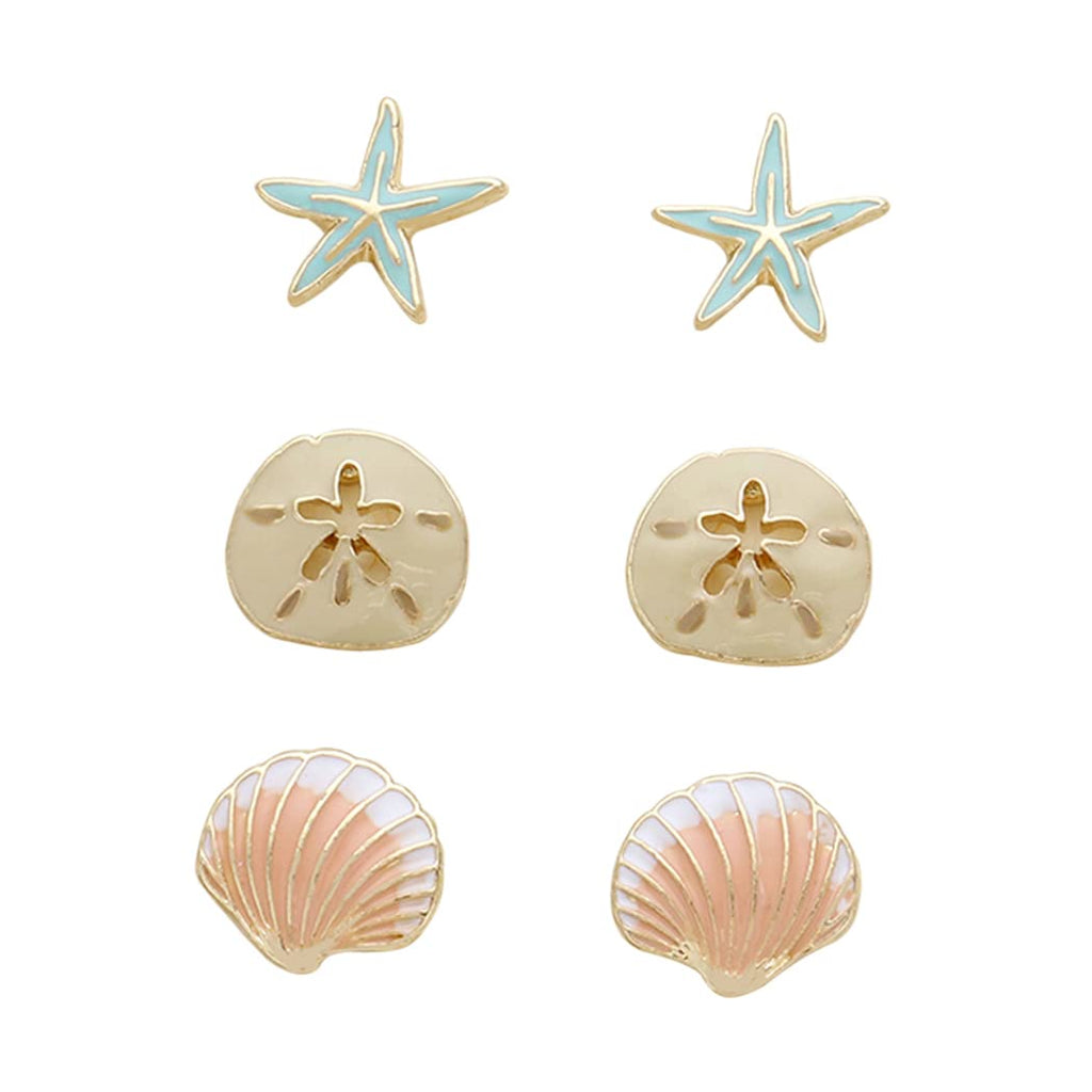 Rosemarie Collections Women's Beach Stud Earrings Set of 3 Starfish Sand Dollar Shell (Enamel Colors)