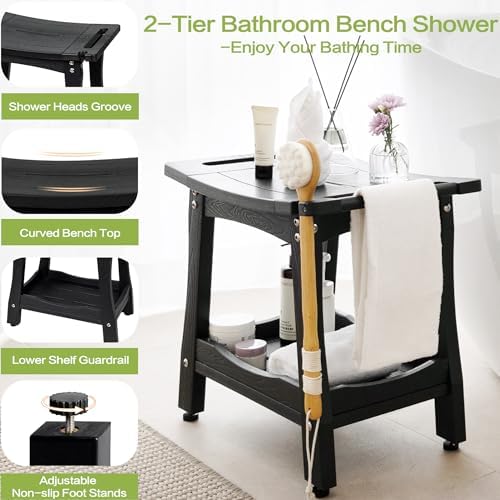 Y&M 2-Tier Bathroom Shower Bench with Waterproof Storage Shelf, HDPE Towel & Shower Head Shelves Curved Seat, Small Tub Chair for Shaving Legs Foot Stool, Bath, Spa, Indoor or Outdoor Use, Black