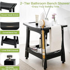 Y&M 2-Tier Bathroom Shower Bench with Waterproof Storage Shelf, HDPE Towel & Shower Head Shelves Curved Seat, Small Tub Chair for Shaving Legs Foot Stool, Bath, Spa, Indoor or Outdoor Use, Black