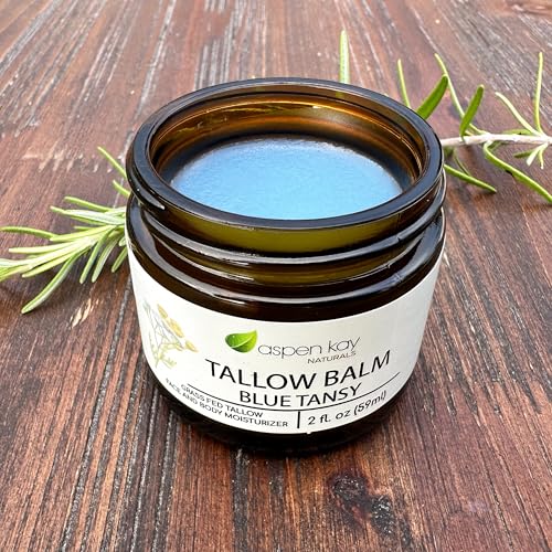 Aspen Kay Naturals Handmade 100% Grass Fed Beef Tallow Balm for Skin Care, With Organic Jojoba Oil + Chamomile (Blue Tansy) Organic Body Butter - 2 fl. oz. Made in USA