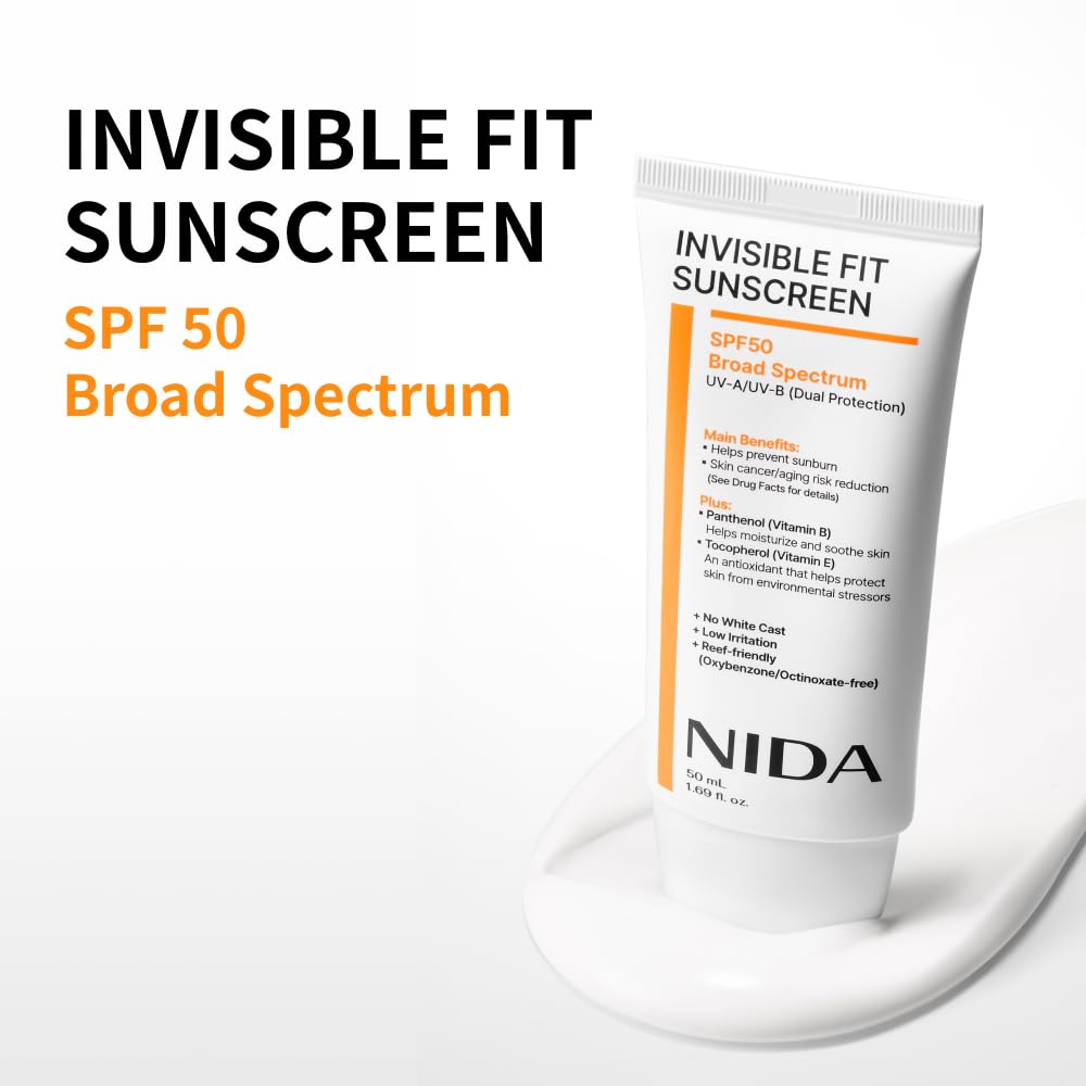 NIDA Invisible Fit Sunscreen | SPF 50 Broad Spectrum UV-A/UV-B Dual Protection | No White Cast, Low Irritation, Hydrating Lotion-like Lightweight Glow Sunscreen for All Skin Types | 1.69 fl. oz., 50ml