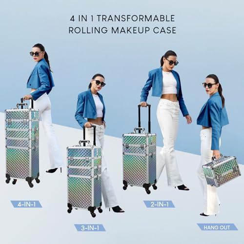 Stagiant Rolling Makeup Train Case Large Storage Cosmetic Trolley 4 in 1 Large Capacity Trolley Makeup Travel Case with Key Swivel Wheels Salon Barber Case Traveling Cart Trunk