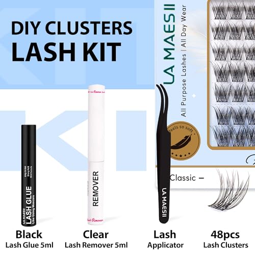 Lash Clusters Kit, Wispy & Natural Clusters Lashes Extension Kit, 48 Cluster Eyelash Extensions Soft Individual Lashes, with Clusters Lash Glue Remover Applicator DIY at Home(Wispy-C-Kit)