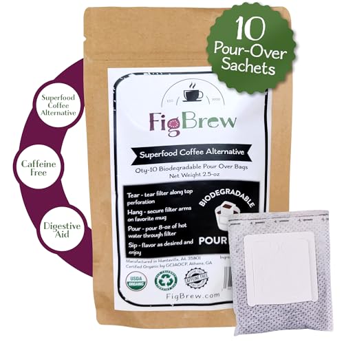 FigBrew - Superfood Coffee Alternative | Caffeine-Free, Low Acid | Organic, Non-Acidic for Sensitive Stomach | Pour-Over Sachets | 10ct Bag
