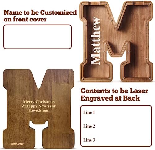 Summidate Customized Name Large Wooden Piggy Bank for Kids Boys Girls Alphabets Letter A-Z Coins Bills Money Change Bank Box Initial on Clear Cover (Laser Engraved) (Alphabet-M, Personalized-12)