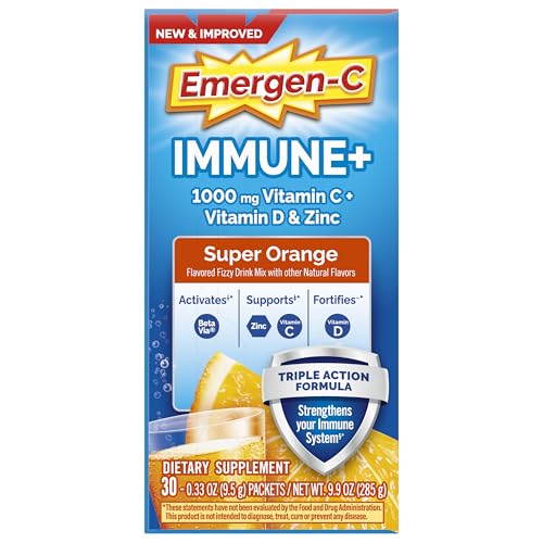 Emergen-C Immune+ Triple Action Immune Support Powder, BetaVia (R), 1000mg Vitamin C, B Vitamins, Vitamin D and Antioxidants, Super Orange – 30 Count