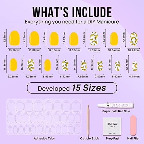 BTArtbox Press On Nails Short - Fall Fake Nails with Glue Yellow Reusable Glue On Nails in 15 Sizes, Cute Stick On Nails Kit, Banana