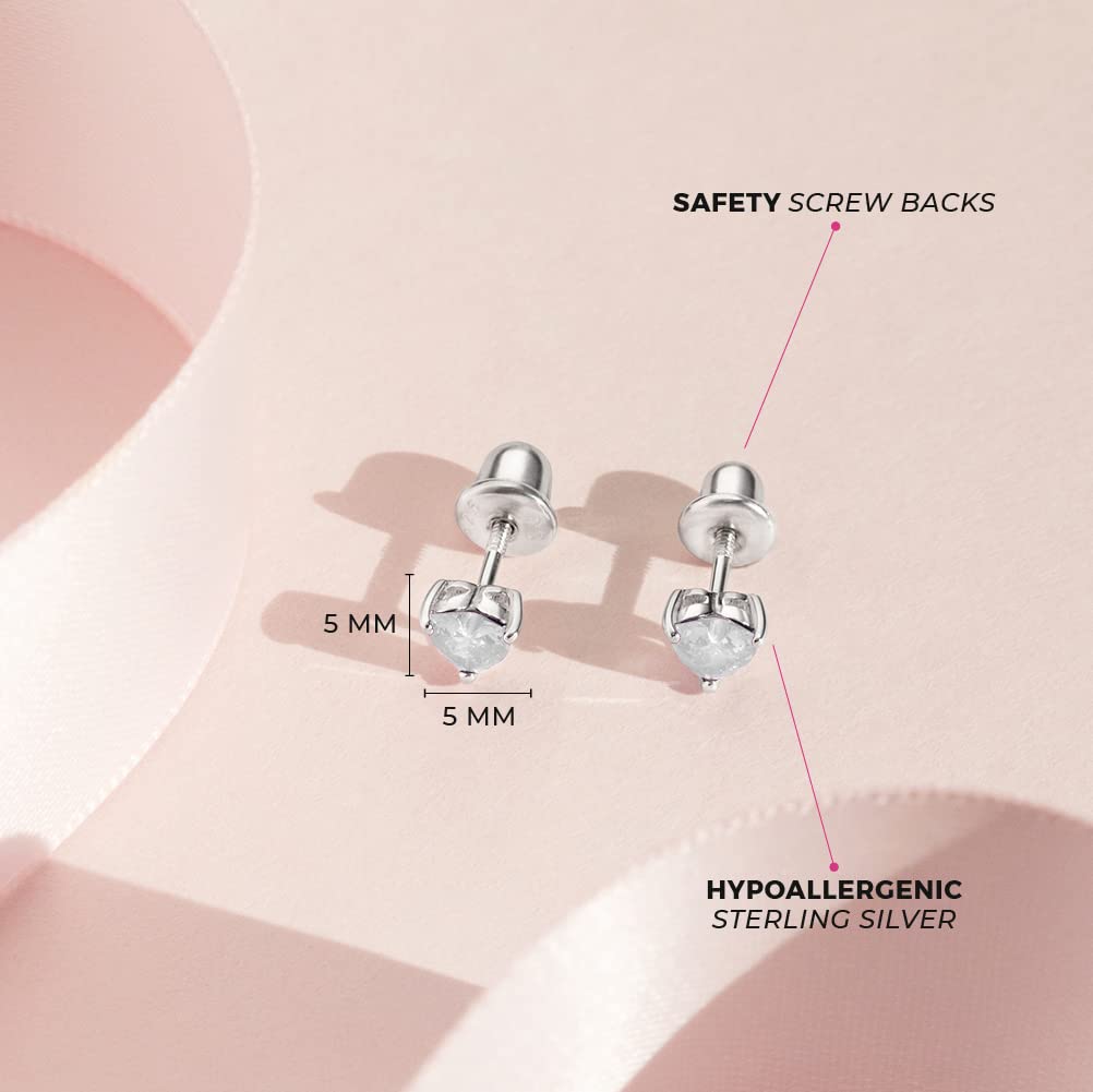 In Season Jewelry CZ Birthstone Heart Kids Earrings - 925 Sterling Silver Hypoallergenic Earrings for Girls with Safety Screw Backs - Safe & Comfortable for Toddlers, Kids & Little Girls - Clear